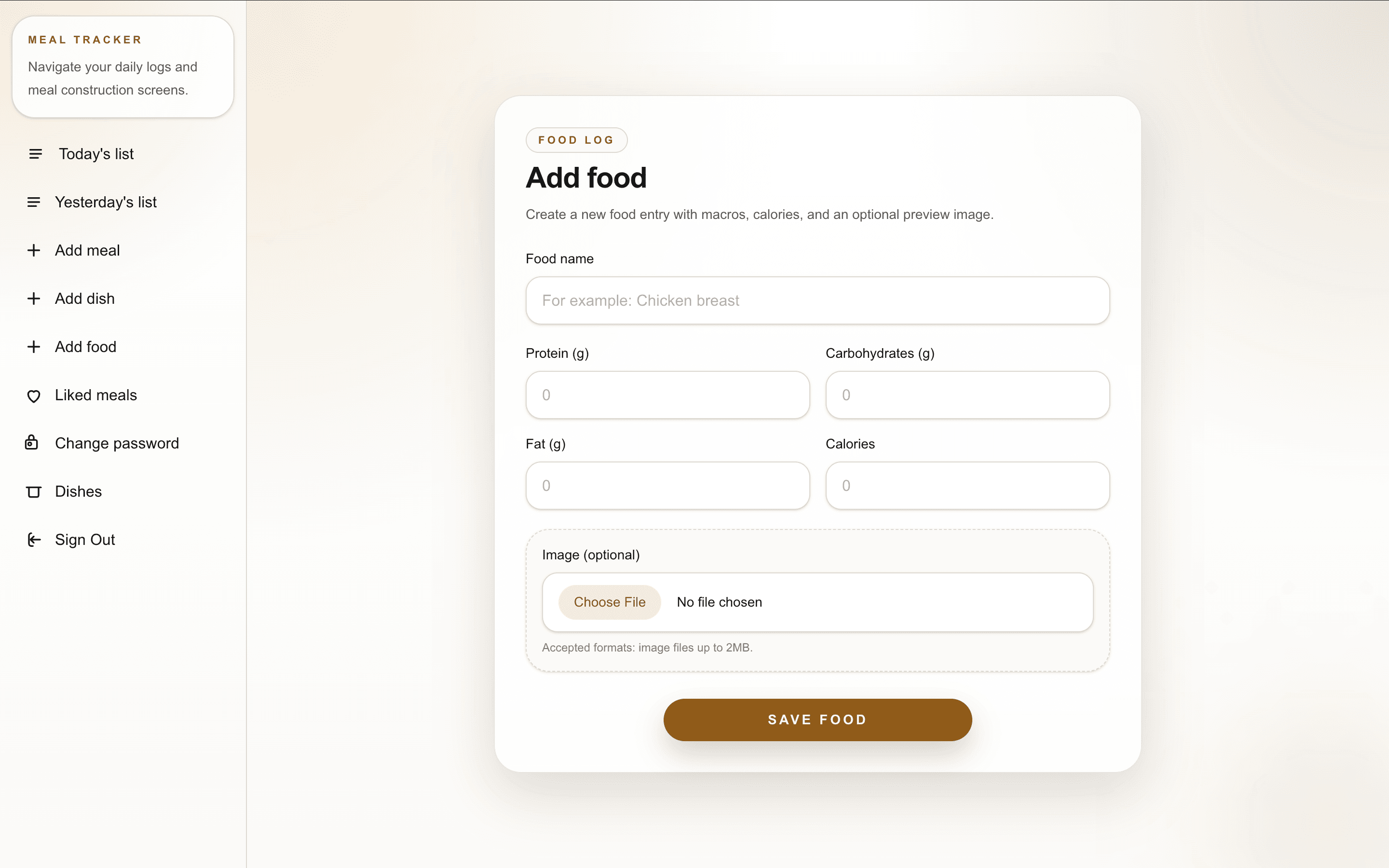 Dashboard with date picker and daily nutrition table