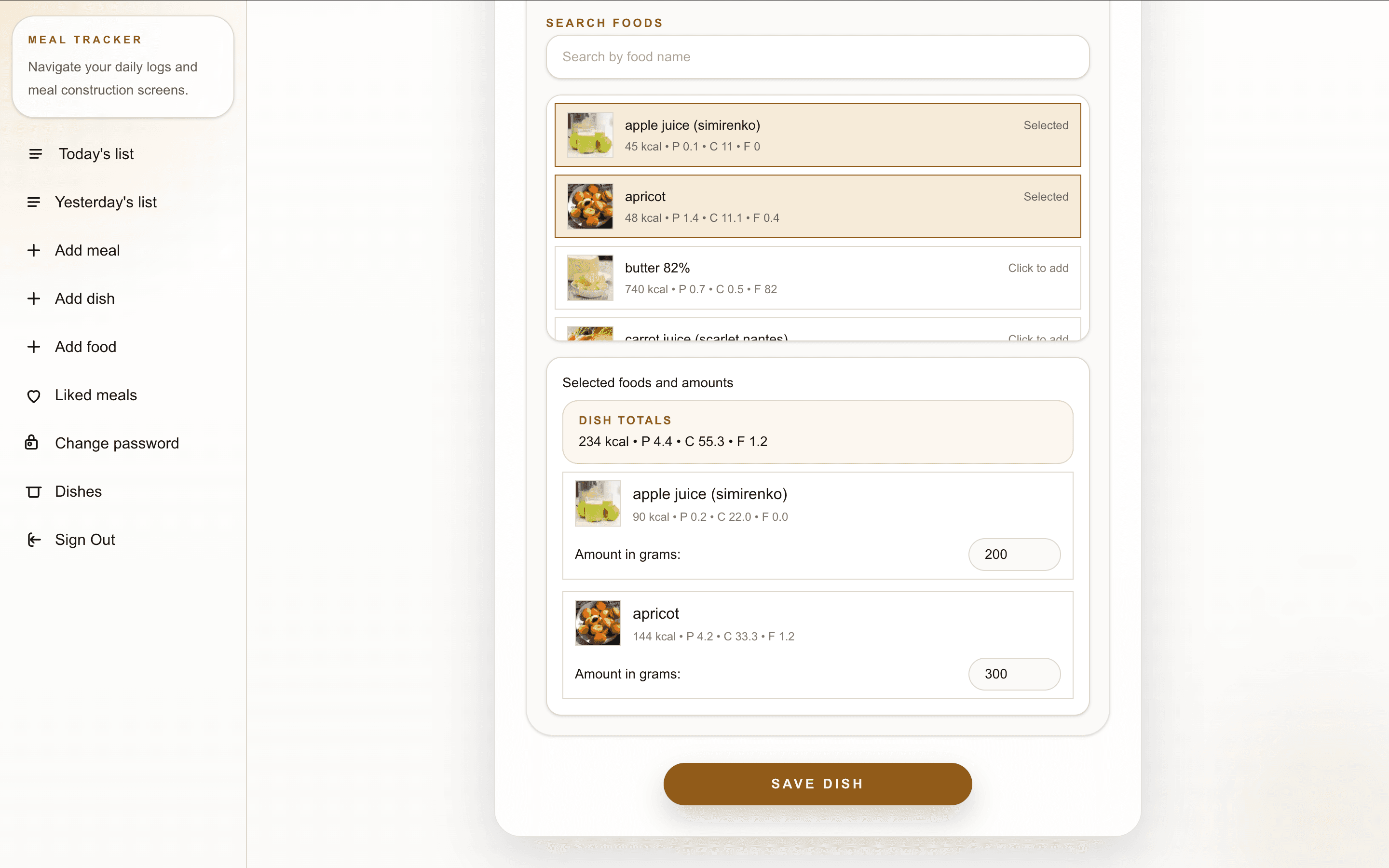 Foods search and quick add list