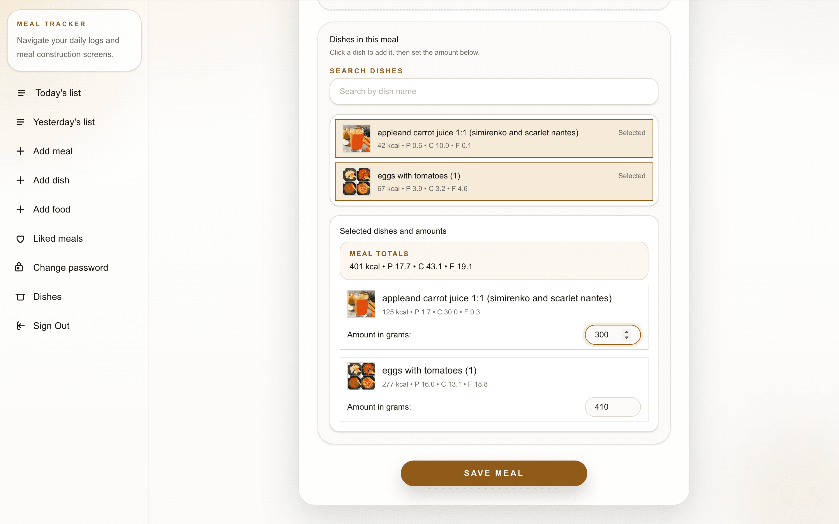 Dish explorer and recipe cards