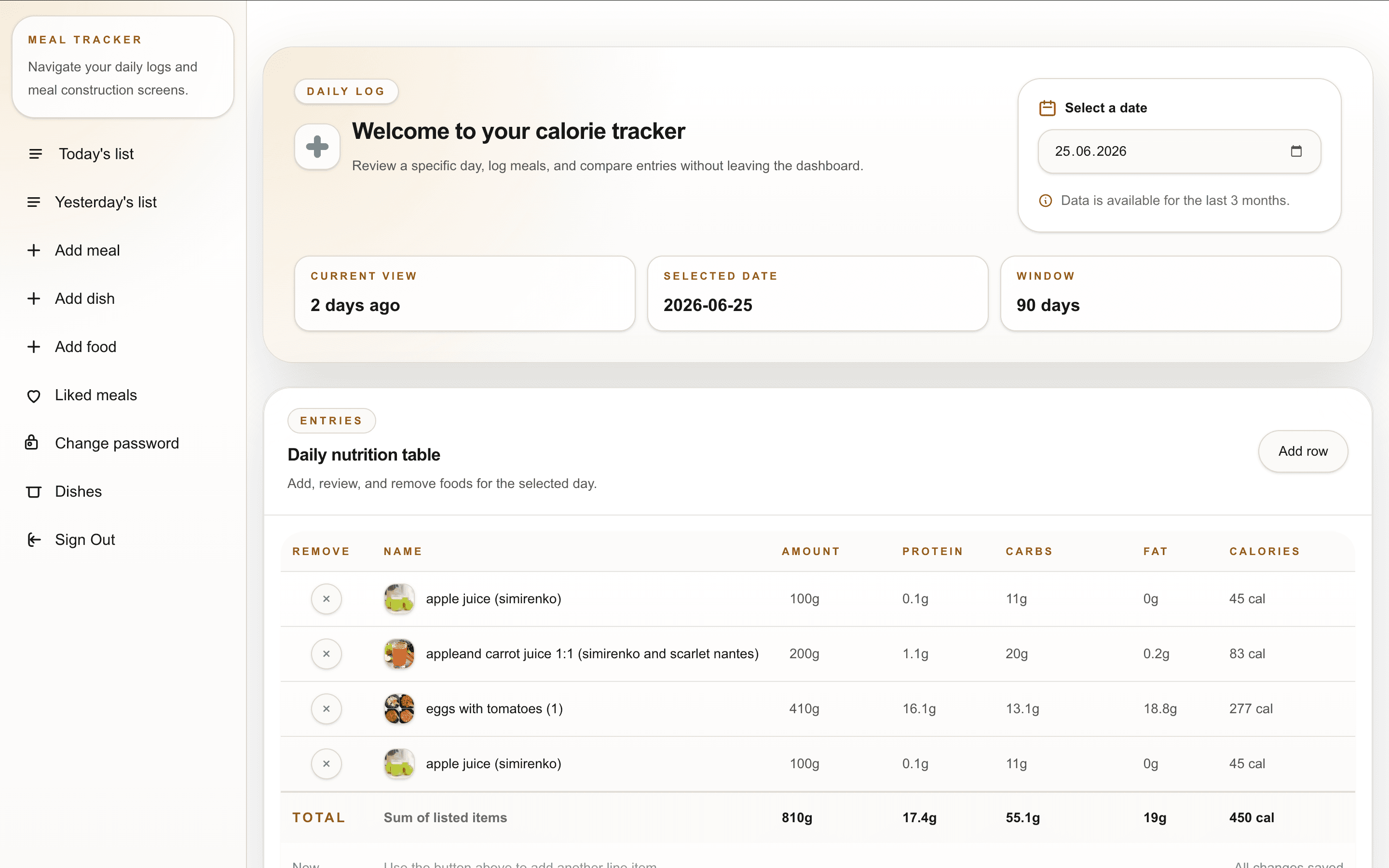 Dish details modal with recipe, macros, and ingredients