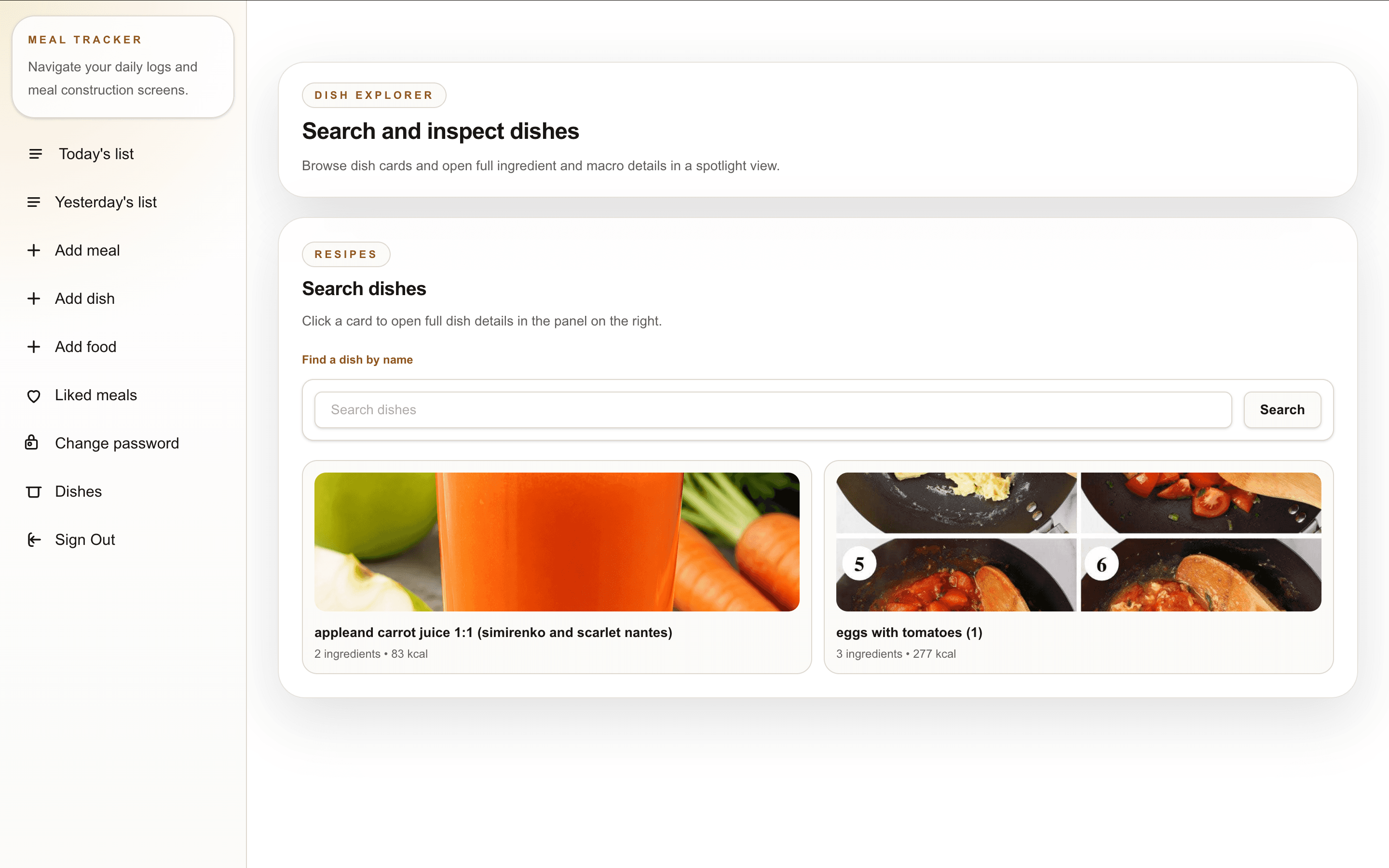 Dish builder with selected foods and totals