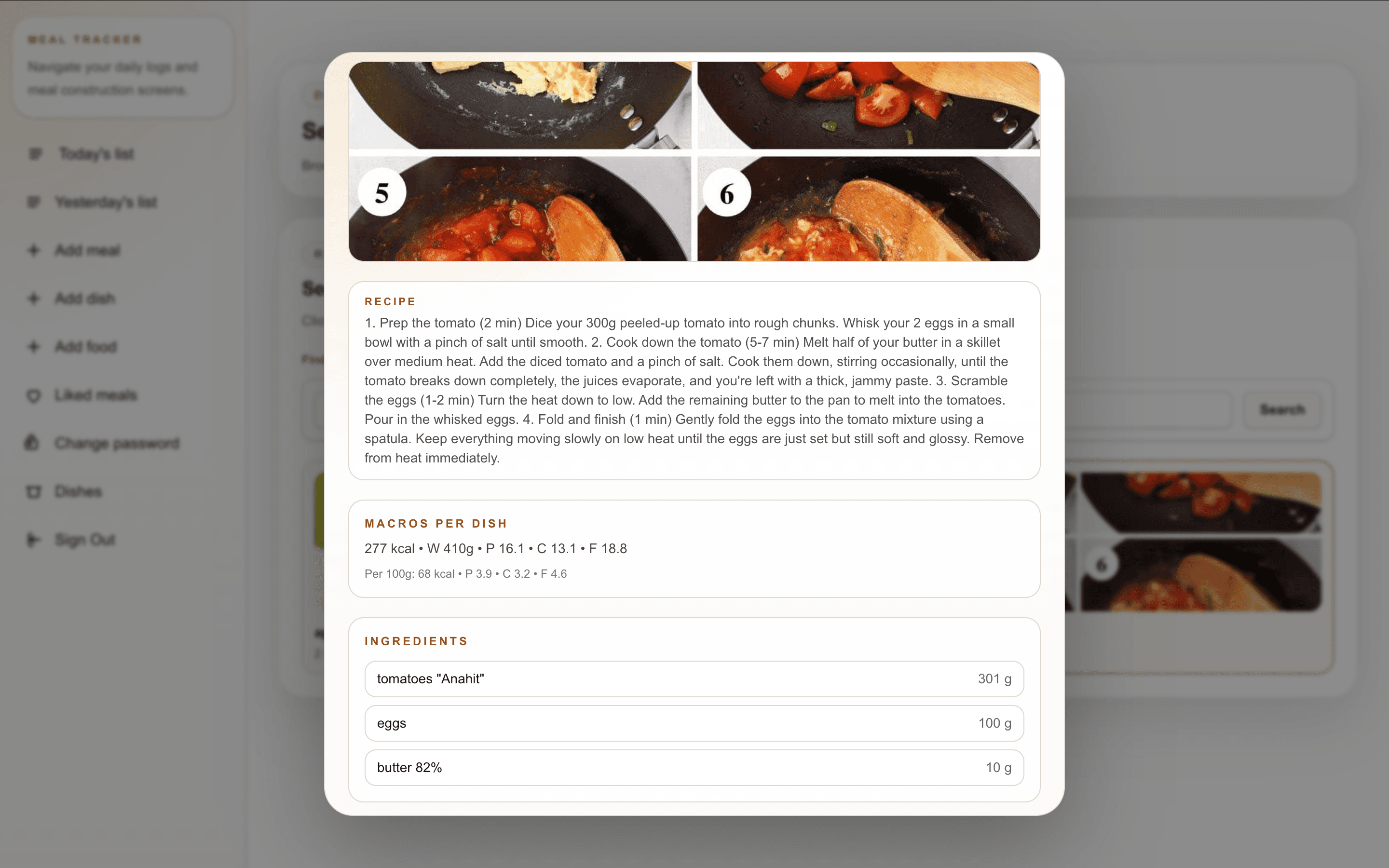 Meal builder with selected dishes and totals