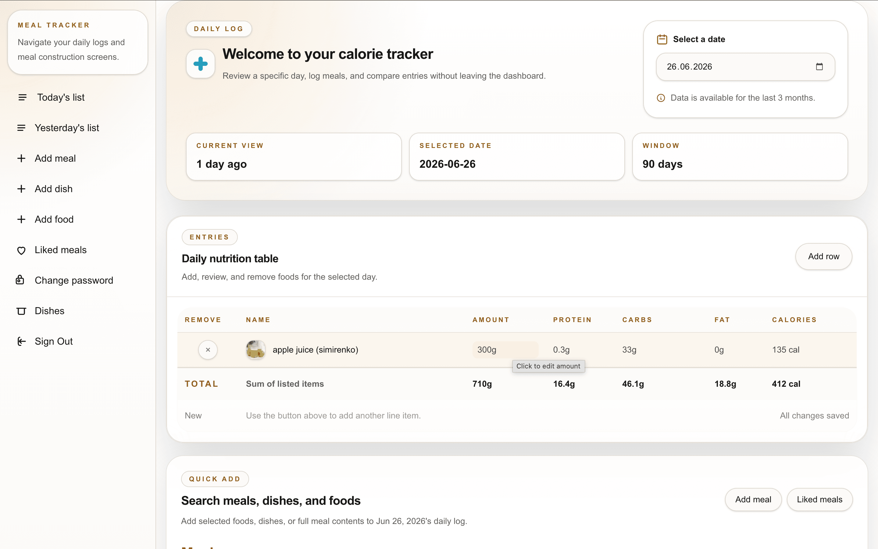 Adjust the amounts of items in the daily log and see the updated totals